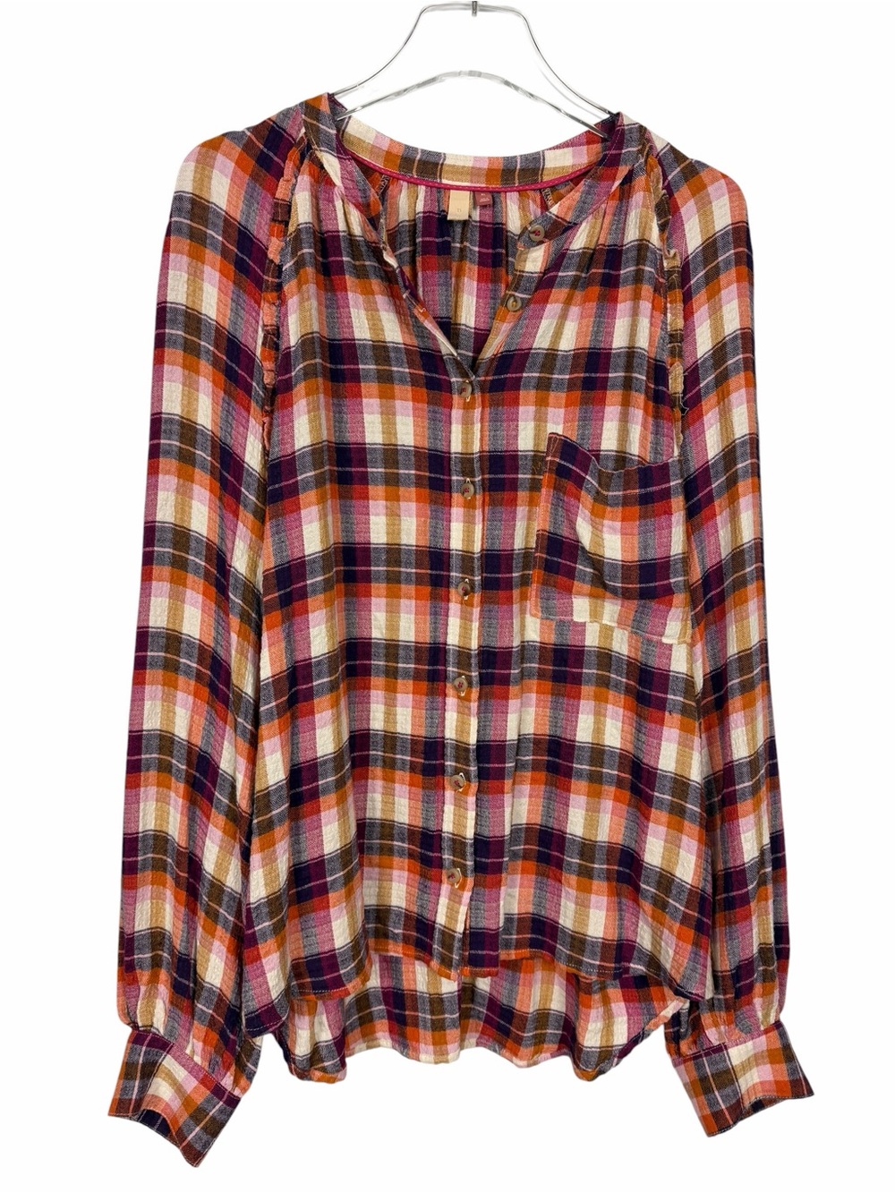Anthropologie Pilcro Breezy Plaid Button Up Blouse Top Purple Orange Size XL - Picture 2 of 12
